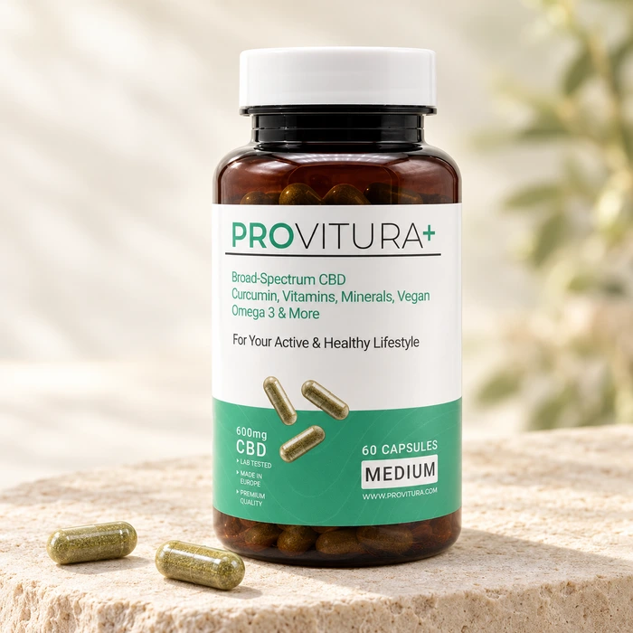 Lahvička Provitura+ Medium se dvěma kapslemi na vápencovém podstavci.