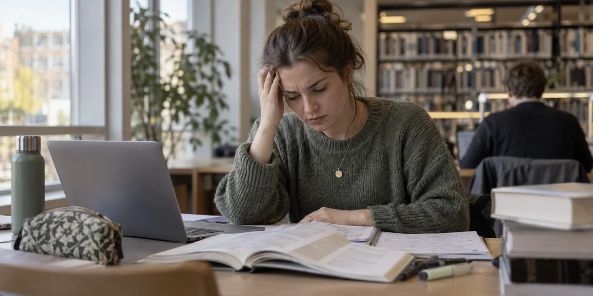 Frustrovaná studentka se připravuje na zkoušku v knihovně.